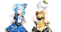 2girls ascot bare_shoulders black_bow black_gloves black_hairband blue_dress blue_hair bow cowboy_shot dress gem gloves hair_between_eyes hairband half_gloves hand_up hat idol_clothes kiratto_pri_chan looking_at_viewer mini_hat multiple_girls musical_note nabeshima_(pon_nbsm) one_eye_closed one_side_up open_hand open_mouth player_character_(kiratto_pri_chan) pretty_series purple_eyes short_hair simple_background smile standing white_ascot white_background yellow_dress yellow_eyes