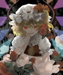 Rule 34 | 1girl, arm support, ascot, blonde hair, carbonara hontyotyo, crystal, fangs, flandre scarlet, flower, frills, hair between eyes, hand on own arm, hand on own cheek, hand on own face, hat, hat ribbon, looking at viewer, medium hair, mob cap, one side up, open mouth, puffy short sleeves, puffy sleeves, red eyes, red flower, red ribbon, red rose, ribbon, rose, short sleeves, slit pupils, smile, solo, teeth, touhou, upper body, upper teeth only, white flower, white hat, wings, yellow ascot