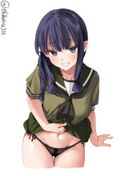 Rule 34 | 1girl, black neckerchief, black panties, blush, braid, breasts, clothes lift, collarbone, cropped legs, ebifurya, green sailor collar, green shirt, green skirt, grin, highres, kantai collection, kitakami (kancolle), lifted by self, long hair, looking at viewer, medium breasts, navel, neckerchief, panties, puffy short sleeves, puffy sleeves, purple eyes, purple hair, sailor collar, shirt, short sleeves, simple background, skirt, skirt lift, smile, solo, thigh gap, thighs, twitter username, underwear, white background