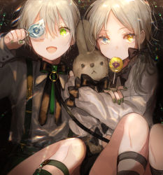 Rule 34 | 1boy, 1girl, absurdres, bishounen, blonde hair, blue eyes, blush, bow, rabbit, canarinu, candy, food, green eyes, heterochromia, highres, lollipop, long sleeves, looking at viewer, low twintails, matching outfits, nail polish, original, pale skin, ribbon, siblings, smile, suspenders, trap, twins, twintails, yellow eyes