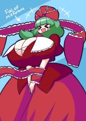 Rule 34 | &gt; &lt;, 1girl, blue background, blush, breasts, bursting breasts, cleavage, dress, english text, female focus, gensin, gigantic breasts, green hair, highres, kagiyama hina, long hair, open mouth, red dress, ribbon, smile, solo, touhou, wide hips