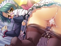 Rule 34 | 1girl, aftersex, ass, blood, breasts, censored, character request, cum, cum in pussy, defloration, game cg, green hair, has uncensored version, hikage eiji, koihime musou, maid, pantyhose, pussy