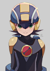 Rule 34 | 1boy, arms at sides, artist name, black bodysuit, blue headwear, blush, bodysuit, brown hair, closed mouth, commentary request, covered collarbone, dated, green eyes, grey background, helmet, highres, male focus, mega man (series), mega man battle network, mega man battle network (series), megaman.exe, netnavi, short hair, simple background, smile, solo, twitter username, upper body, zero-go