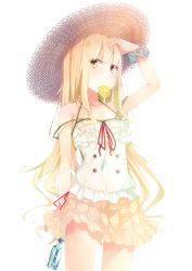 Rule 34 | 1girl, artist request, blonde hair, bottle, character request, copyright request, food, frilled skirt, frills, fruit, hat, highres, lemon, long hair, looking at viewer, non-web source, simple background, skirt, sleeveless, solo, straw hat, transparent background, upper body