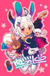 Rule 34 | 1girl, animal ears, apron, bandages, black jacket, bow, breasts, cleavage, dark skin, detached collar, full body, horns, jacket, jumping, n:go, nemui fuwari, nemui fuwari no fuwari juku, open clothes, open jacket, purple eyes, short hair with long locks, tail, tail bow, tail ornament, thighhighs, v, virtual youtuber, waist apron, white hair, white thighhighs, zettai ryouiki