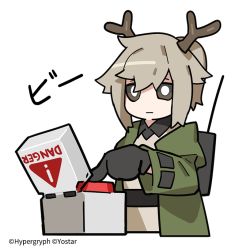 Rule 34 | 1girl, :|, antennae, antlers, arknights, backpack, bag, belt, black gloves, black shirt, brown eyes, chibi, closed mouth, collared shirt, commentary request, company name, cropped torso, english text, firewatch (arknights), gloves, green jacket, grey hair, hair between eyes, horns, jacket, jitome, line (naver), long hair, long sleeves, official art, open clothes, open jacket, push-button, reindeer antlers, shirt, sidelocks, sign, simple background, solo, warning sign, watermark, white background