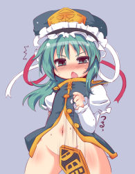 Rule 34 | 1girl, ^^^, asymmetrical hair, blush, bottomless, censored, convenient censoring, fang, green eyes, green hair, hat, hat ribbon, juliet sleeves, long sleeves, looking at viewer, matching hair/eyes, motion lines, muuba, navel, open clothes, open mouth, open shirt, open vest, puffy sleeves, ribbon, rod of remorse, shiki eiki, shirt, solo, surprised, sweat, touhou, vest