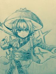 Rule 34 | &gt;:(, 1girl, antenna hair, blush, bowl, bowl hat, bridal gauntlets, closed mouth, commentary request, cowboy shot, efukei, frown, hair between eyes, hat, highres, holding, holding weapon, japanese clothes, kimono, looking at viewer, monochrome, needle, obi, one-hour drawing challenge, sash, short hair, short sleeves, solo, sparkle, sukuna shinmyoumaru, tasuki, touhou, traditional media, v-shaped eyebrows, weapon