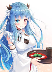 Rule 34 | 1girl, akashio (loli ace), apron, arm belt, azur lane, bare shoulders, blue eyes, blue hair, blunt bangs, blush, breasts, closed mouth, commentary request, cowboy shot, cup, detached sleeves, food, frilled apron, frills, gradient background, hair ribbon, heart, heterochromia, highres, holding, holding tray, horns, ibuki (azur lane), long hair, long sleeves, looking at viewer, medium breasts, plate, red eyes, ribbon, sidelocks, smile, solo, standing, steam, tray, very long hair, wagashi, white background, white ribbon, wide sleeves, yunomi
