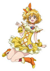 Rule 34 | 1girl, absurdres, anime coloring, blonde hair, boots, bow, breasts, brown eyes, choker, collarbone, cure pine, damascus (dearigazu2001), dress, earrings, fresh precure!, full body, hair between eyes, hair bow, hair ornament, heart, heart earrings, heart hair ornament, high heel boots, high heels, highres, jewelry, kneehighs, layered dress, looking at viewer, one side up, orange bow, orange choker, orange footwear, precure, red socks, short dress, short hair, short sleeves, simple background, small breasts, socks, solo, white background, yamabuki inori, yellow dress