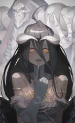 Rule 34 | 1boy, 1girl, absurdres, ainz ooal gown, albedo (overlord), black feathers, black hair, black wings, blush, breasts, demon girl, demon horns, dress, feathered wings, feathers, gloves, hair between eyes, hand up, heart, heart-shaped pupils, highres, horns, katsu (katsupainter), large breasts, lich, long hair, low horns, low wings, off-shoulder dress, off shoulder, overlord (maruyama), skeleton, solo focus, symbol-shaped pupils, undead, white dress, white gloves, white horns, wings
