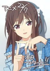 1girl 22/7 bow braid braided_hair_rings brown_hair dress hair_bow hair_rings index_finger_raised long_hair long_sleeves looking_at_viewer multicolored_clothes multicolored_dress nagareboshi open_mouth portrait purple_eyes sidelocks smile solo tachikawa_ayaka twin_braids two_side_up white_background white_bow