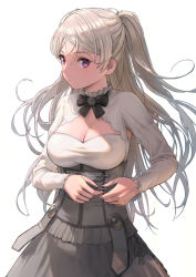 Rule 34 | 1girl, armpit cutout, breasts, brown eyes, cleavage, cleavage cutout, clothing cutout, conte di cavour (kancolle), corset, cowboy shot, dress, frilled dress, frills, highres, kantai collection, large breasts, long hair, long sleeves, silver hair, simple background, solo, tantaka, two side up, white background, white dress
