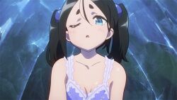 Rule 34 | 1girl, animated, animated gif, black hair, blue eyes, bra, breasts, cleavage, collarbone, futoku no guild, purple bra, saliva, saliva trail, screencap, short eyebrows, small breasts, solo, teeth, thick eyebrows, tokishikko dana, tongue, tongue out, twintails, underwear