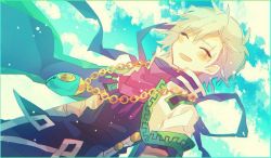 Rule 34 | 1boy, black shirt, blue sky, blush, capelet, chain necklace, character request, closed eyes, cloud, cloudy sky, dutch angle, hibi89, jewelry, male focus, merc storia, necklace, open mouth, pendant, scarf, shirt, short hair, sky, smile, solo, upper body, white capelet, white hair