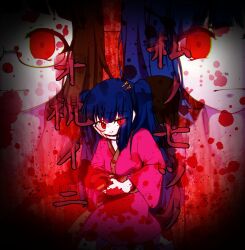 Rule 34 | 2girls, amaterasu (masa), blood, blood from mouth, blood on face, blood splatter, bloody tears, blue hair, commentary request, evil smile, glasses, gumi, hair ornament, hairclip, hatsune miku, japanese clothes, kimono, long hair, multiple girls, multiple views, partial commentary, pink kimono, red eyes, short hair, siblings, sisters, smile, song name, stab, translated, tsukuyomi (masa), twins, twintails, urei (lunatic737), vocaloid, watashi no nanatsu no oiwai ni (vocaloid), weapon