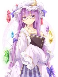 Rule 34 | 1girl, :/, bare shoulders, bespectacled, blue bow, blunt bangs, blush, book, bow, collarbone, crescent, crescent hair ornament, crystal, dress, glasses, hair bow, hair ornament, hand on own face, hat, head tilt, holding, holding book, izuru, long hair, looking at viewer, magic circle, mob cap, off shoulder, patchouli knowledge, purple-framed eyewear, purple eyes, purple hair, red bow, simple background, sleeves past wrists, solo, striped clothes, striped dress, touhou, very long hair, white background, wide sleeves