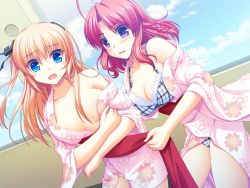 Rule 34 | 2girls, asami asami, blue eyes, bra, braid, breasts, cleavage, fake azure arcology, game cg, hair ribbon, highres, japanese clothes, kimono, large breasts, legs, line t miller, lingerie, multiple girls, no bra, no panties, open clothes, open robe, orange hair, orikura rio, panties, pink kimono, purple eyes, rain t miraa, red hair, ribbon, robe, thighs, two side up, underwear, undressing, yukata