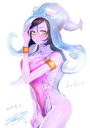 Rule 34 | 1girl, bare shoulders, blush, breasts, cleavage, colored skin, covered navel, groin, hand in own hair, hat, highleg, highleg swimsuit, highres, hip focus, large breasts, league of legends, looking at viewer, lulu (league of legends), one-piece swimsuit, pool party lulu, pout, purple hair, purple skin, sideboob, solo, swimsuit, tentacles, torn clothes, torn swimsuit, yellow eyes, yordle