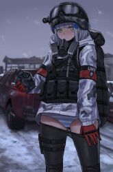 Rule 34 | 1girl, absurdres, backpack, bag, black pantyhose, blunt bangs, blush, camouflage, camouflage jacket, canteen, car, clothes pull, commentary request, facial mark, girls&#039; frontline, gloves, goggles, goggles on headwear, green eyes, grey hair, hair ornament, helmet, highres, hk416 (fang) (girls&#039; frontline), hk416 (girls&#039; frontline), holding, holding canteen, jacket, kuro (zhurunbo1997), last man battalion, long hair, long sleeves, looking at viewer, military, military uniform, motor vehicle, outdoors, panties, pantyhose, pantyhose pull, pickup truck, pulling own clothes, red gloves, respirator, snow, snowing, striped clothes, striped panties, sweat, teardrop, thigh strap, tom clancy&#039;s the division, truck, underwear, uniform, vest, winter uniform