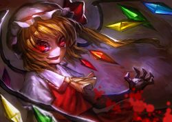 Rule 34 | 1girl, ascot, blonde hair, dress, flandre scarlet, g-ong, hat, long hair, looking at viewer, red eyes, side ponytail, slit pupils, smile, solo, touhou, wings