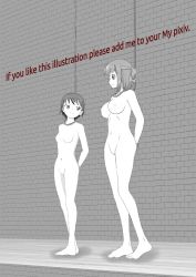 Rule 34 | 2girls, arms behind back, bad id, bad pixiv id, barefoot, breasts, brick wall, cleft of venus, english text, eye contact, full body, half updo, hanged, happy, looking at another, medium breasts, multiple girls, nipples, noreality, nose, nude, original, peril, running bond, short hair, small areolae, small breasts, small nipples, smile, spot color, standing