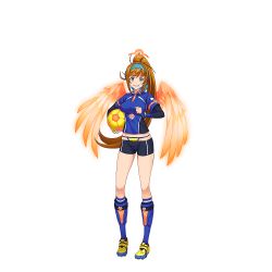 Rule 34 | 1girl, angel rock:feel girls emotion, aqua eyes, ball, black shorts, blue hairband, blue socks, breasts, brown hair, cleats, clenched hand, full body, groin, hairband, halo, hattori sora, high ponytail, holding, holding ball, kneehighs, medium breasts, official art, orange wings, panties, shorts, smile, soccer ball, socks, solo, standing, transparent background, underwear, wings, wristband, yellow footwear, yellow panties