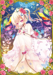 Rule 34 | 1girl, 515m, alternate costume, bare arms, bare shoulders, barefoot, blonde hair, bug, butterfly, chain, chained, collar, collarbone, cuffs, dress, entangled, flandre scarlet, flower, framed, hair flower, hair ornament, half-closed eyes, hand to own mouth, highres, insect, petals, pink eyes, pink flower, pink rose, pointy ears, rose, see-through, shackles, side ponytail, sleeveless, sleeveless dress, solo, touhou, white dress, wings, wrist cuffs