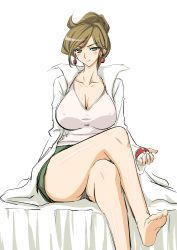Rule 34 | 10s, 1girl, aged up, aurea juniper, bed, blonde hair, breasts, cleavage, creatures (company), crossed legs, earrings, feet, game freak, green eyes, highres, huge breasts, jewelry, lab coat, licking lips, looking at viewer, mature female, miniskirt, nintendo, panties, pantyshot, poke ball, pokemon, pokemon bw, short hair, shorts, simple background, sitting, skirt, smile, solo, tongue, tongue out, underwear, upskirt, white background