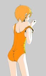Rule 34 | 1girl, arm up, ass, blonde hair, cowboy shot, closed eyes, female focus, flat ass, from behind, grey background, highres, one-piece swimsuit, original, school swimsuit, shokubai phantom girl, short hair, simple background, solo, standing, strap pull, swimsuit, undressing, yellow one-piece swimsuit