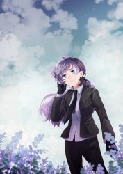 Rule 34 | 1girl, anabel (pokemon), black gloves, black jacket, cloud, cloudy sky, collared shirt, creatures (company), day, feet out of frame, formal, game freak, gloves, hair tie, hand on own cheek, hand on own face, jacket, lavender flower, long hair, necktie, nintendo, outdoors, pokemon, pokemon sm, ponytail, purple eyes, purple hair, shirt, sky, standing, suit, tsutsupiku, white shirt