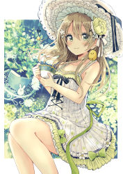 Rule 34 | 1girl, absurdres, animal, animal on shoulder, bare arms, bare shoulders, bird, bird on shoulder, blush, bow, chick, closed mouth, collarbone, commentary, cup, dress, fingernails, flower, green bow, green eyes, green flower, hair between eyes, hair flower, hair ornament, hat, highres, holding, holding cup, light brown hair, long hair, looking at viewer, original, rabbit, sakura oriko, sleeveless, sleeveless dress, smile, solo, star (symbol), teacup, white dress, white flower, white hat