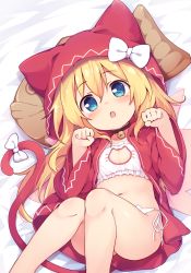 Rule 34 | 1girl, :o, animal hands, animal hood, baku-p, bell, blonde hair, blue eyes, bow, bra, cat hood, cat lingerie, cat paws, cat tail, fake tail, flat chest, hat, highres, hood, hoodie, jingle bell, lily white, long hair, long sleeves, looking at viewer, lying, meme attire, navel, neck bell, on back, panties, pillow, red hat, red hoodie, side-tie panties, solo, tail, tail bow, tail ornament, touhou, underwear, white bow, white bra, white panties, wide sleeves