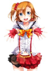Rule 34 | 10s, 1girl, :d, akihila, blue eyes, bokura wa ima no naka de, bow, collarbone, fingerless gloves, frilled skirt, frills, gloves, kosaka honoka, love live!, love live! school idol project, open mouth, orange hair, outstretched arms, outstretched hand, red gloves, side ponytail, skirt, smile, solo