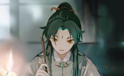 Rule 34 | 1boy, alternate costume, alternate hair length, alternate hairstyle, aqua hair, blurry, blurry background, candle, chinese clothes, dated, facial mark, forehead mark, genshin impact, green hair, hair ornament, hairpin, holding, male focus, multicolored hair, qingxin gua yu, solo, xiao (genshin impact), yellow eyes