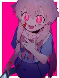 Rule 34 | 1girl, :d, a (poipiku 325815), blood, blood on clothes, blood on face, blood on hands, blue shirt, blue skirt, blush, bow, cellphone, collar, collared shirt, commentary request, gasai yuno, hair between eyes, hand up, holding, holding phone, long hair, looking at viewer, mirai nikki, open mouth, phone, pink background, pink bow, pink eyes, pink hair, pleated skirt, shirt, short sleeves, skirt, smile, solo, standing, very long hair, white collar