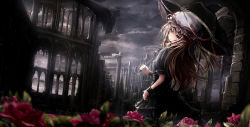 Rule 34 | 1girl, absurdres, album cover, alternate costume, arch, architecture, backlighting, blonde hair, blurry, breasts, church, cloud, cloudy sky, commentary request, corset, cover, depth of field, dress, expressionless, flower, from behind, gothic lolita, hat, hat ribbon, highres, light rays, lolita fashion, long hair, looking back, looking to the side, missile228, mob cap, pillar, puffy short sleeves, puffy sleeves, purple dress, purple eyes, ribbon, ruins, short sleeves, sky, small breasts, solo, stairs, sunlight, touhou, umbrella, wrist cuffs, yakumo yukari