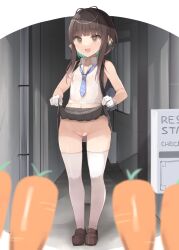 Rule 34 | 1girl, blue necktie, blush, brown eyes, brown footwear, brown hair, carrot, clothes lift, collared shirt, gloves, kantai collection, lifted by self, navel, necktie, open mouth, shin (new), shirt, shoes, short hair with long locks, sidelocks, skirt, skirt lift, smile, solo, standing, thighhighs, ukuru (kancolle), white gloves, white shirt, white thighhighs