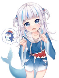 Rule 34 | 1girl, :d, bloop (gawr gura), blue eyes, blue hair, blue hoodie, blush, collarbone, commentary, drawstring, fins, fish tail, gawr gura, gawr gura (1st costume), hair ornament, hands up, head tilt, highres, hololive, hololive english, hood, hood down, hoodie, kiri sakura, long hair, long sleeves, looking at viewer, multicolored hair, open mouth, shark tail, sharp teeth, simple background, smile, solo, speech bubble, standing, streaked hair, tail, teeth, two side up, virtual youtuber, white background, white hair, wide sleeves