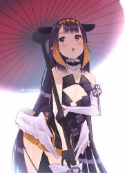 Rule 34 | blunt bangs, breasts, choker, chromatic aberration, dress, gloves, gremlinbon, halo, highres, holding, hololive, hololive english, long hair, low wings, mole, mole under eye, ninomae ina&#039;nis, ninomae ina&#039;nis (1st costume), pointy ears, small breasts, solo, strapless, strapless dress, tentacle hair, umbrella, virtual youtuber, wings