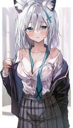 Rule 34 | 1girl, animal ear fluff, animal ears, blue archive, blue eyes, blue jacket, blue necktie, blush, breasts, buttoned cuffs, buttons, collarbone, collared shirt, cross hair ornament, feet out of frame, furrowed brow, grey hair, hair ornament, highres, jacket, large breasts, long sleeves, looking at viewer, medium hair, necktie, parted lips, plaid, plaid skirt, pleated skirt, saya (mychristian2), school uniform, shiroko (blue archive), shirt, shirt tucked in, skirt, solo, undressing, upper body, wet, wet clothes, wet shirt, white shirt, wolf ears