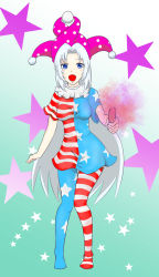 Rule 34 | 1girl, alternate hairstyle, american flag dress, american flag legwear, blue background, blue eyes, blush, breasts, clownpiece, clownpiece (cosplay), cosplay, fuma (dekasegi), gradient background, hat, highres, jester cap, knees together feet apart, long hair, looking at viewer, open mouth, pantyhose, short sleeves, silver hair, small breasts, solo, star (symbol), thighs, torch, touhou, very long hair, white background, yagokoro eirin