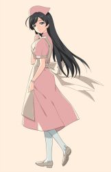 Rule 34 | 10s, 1girl, a1 (initial-g), ahoge, apron, beige background, black hair, blue eyes, closed mouth, cosplay, dress, from side, full body, girls und panzer, hat, isuzu hana, long hair, nurse, nurse cap, pantyhose, pink dress, shoes, simple background, smile, solo, swept bangs, very long hair, white footwear, white pantyhose, yakin byoutou