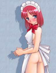 Rule 34 | 00s, 1girl, apron, ass, blush, breasts, covered erect nipples, hisui (tsukihime), large breasts, maid, maid apron, naked apron, solo, tsukihime