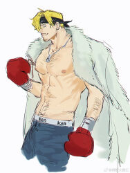 Rule 34 | 1boy, arm hair, bara, bare pectorals, black headband, blonde hair, boxing gloves, chest hair, coat, coat on shoulders, cropped legs, curly eyebrows, facial hair, goatee stubble, hair over one eye, hairy, headband, highres, jewelry, large pectorals, male focus, mature male, muscular, muscular male, mustache stubble, navel hair, necklace, nipples, one piece, pectorals, sanji (one piece), short hair, solo, stubble, sweetdou3, unfinished, white background