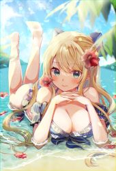 Rule 34 | 1girl, animal ears, anklet, barefoot, bikini, blonde hair, blue bikini, blue sky, breasts, cleavage, closed mouth, cloud, collarbone, day, emu alice, feet, feet up, flower, frilled bikini, frills, gomano rio, green eyes, hair flower, hair ornament, highres, jewelry, large breasts, liver city, long hair, looking at viewer, lying, nail polish, ocean, on stomach, outdoors, partially submerged, sky, smile, solo, swimsuit, the pose