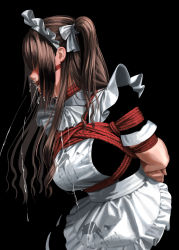 Rule 34 | 1girl, alternate costume, apron, arms behind back, ball gag, bdsm, black background, blush, bondage, bound, bound arms, breasts, brown hair, dress, drooling, enmaided, frilled apron, frills, gag, gagged, highres, idolmaster, idolmaster cinderella girls, itou tatsuya, long hair, maid, maid apron, maid headdress, medium breasts, one side up, red rope, rope, saliva, saliva trail, shibari, shibari over clothes, shimamura uzuki, simple background, solo, stain, stained clothes, white apron