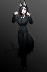 Rule 34 | 1girl, :d, animal ears, black footwear, black hair, black jacket, black necktie, black pants, blue eyes, blush, breasts, business suit, collared shirt, commentary request, fangs, formal, full body, gloves, grey background, hair over one eye, hands up, harau, highres, jacket, large breasts, legs together, long sleeves, looking at viewer, necktie, open mouth, original, pants, paw pose, sharp teeth, shirt, shoes, short hair, smile, solo, standing, suit, tail, teeth, white gloves, white shirt, wing collar, wolf ears, wolf tail