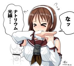 Rule 34 | &gt; &lt;, 1girl, brown hair, brown sailor collar, censored, closed eyes, commentary request, dated, detached sleeves, flying sweatdrops, hairband, highres, identity censor, kantai collection, natori (kancolle), sailor collar, sailor shirt, shirt, short hair, signature, sleeveless, sleeveless shirt, tk8d32, translation request, ultraman tarou, ultraman tarou (series), upper body