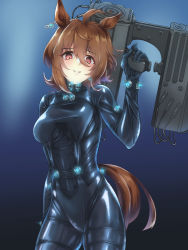 Rule 34 | 1girl, agnes tachyon (umamusume), alternate costume, animal ears, blush, bodysuit, breasts, commentary request, cowboy shot, facing viewer, gantz, gantz suit, gun, highres, holding, holding gun, holding weapon, horse ears, horse girl, horse tail, large breasts, looking at viewer, parazan d, parted lips, red eyes, short hair, skin tight, smile, solo, tail, teeth, umamusume, weapon